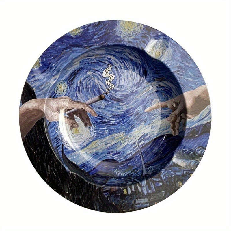 1pc Creative Tinplate Ashtray with Artistic Design C Durable Round Decorative Tray for Home Of
