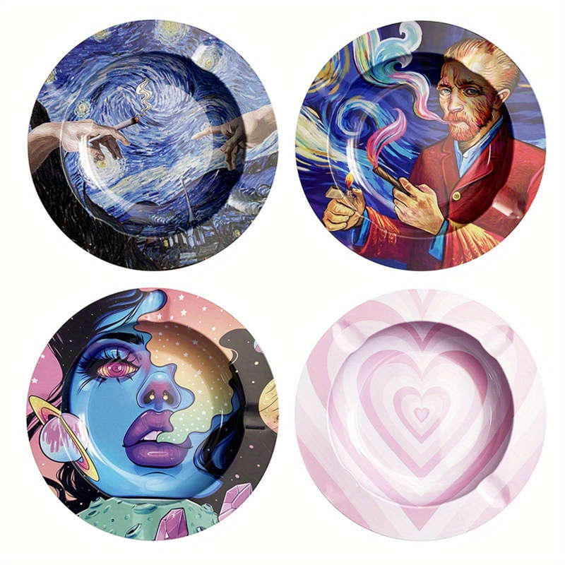 1pc Creative Tinplate Ashtray with Artistic Design C Durable Round Decorative Tray for Home Of