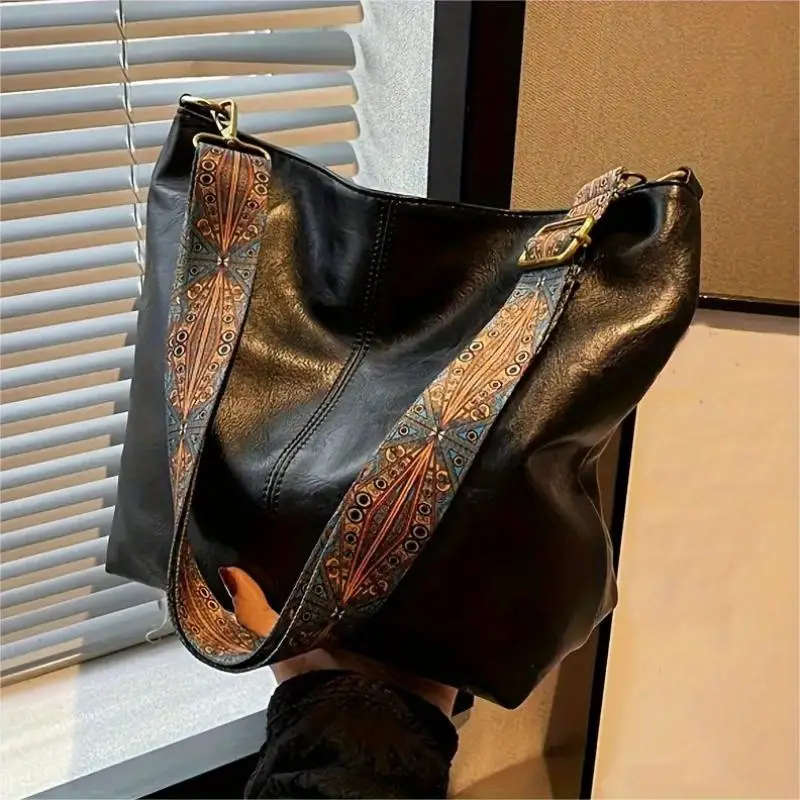 Boho Large Capacity Women's Shoulder Bag, Wide Strap Crossbody