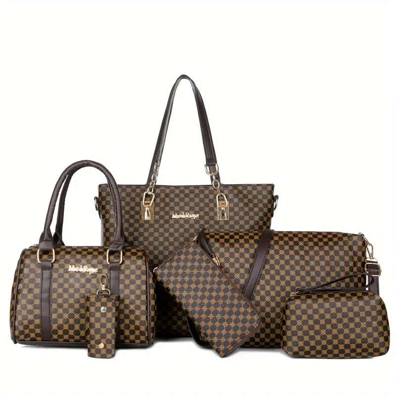 6pcs Geometric Pattern Bag Set Fashion Tote Bag With Boston Handbag Crossbody Bag Long Wallet Clutch
