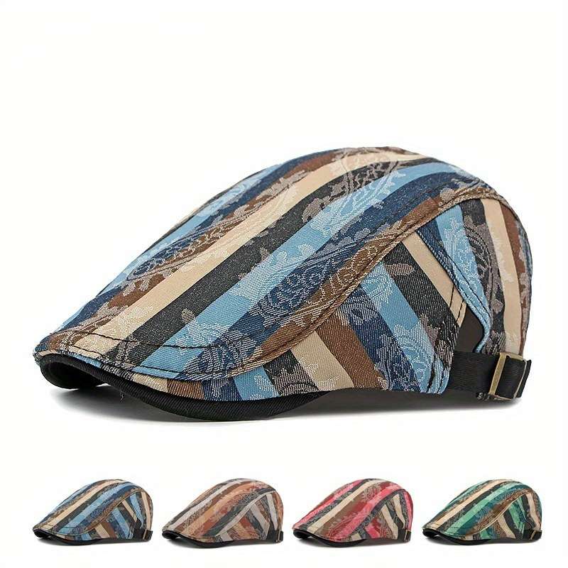 1pc Stylish Unisex Striped Beret Lightweight Non-Stretch Hand-Washable Polyester Painter Cap wi