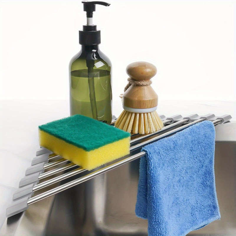 1pc Foldable Stainless Steel Triangle Roll-Up Dish Drying Rack For Small Sink Corners Over-Th