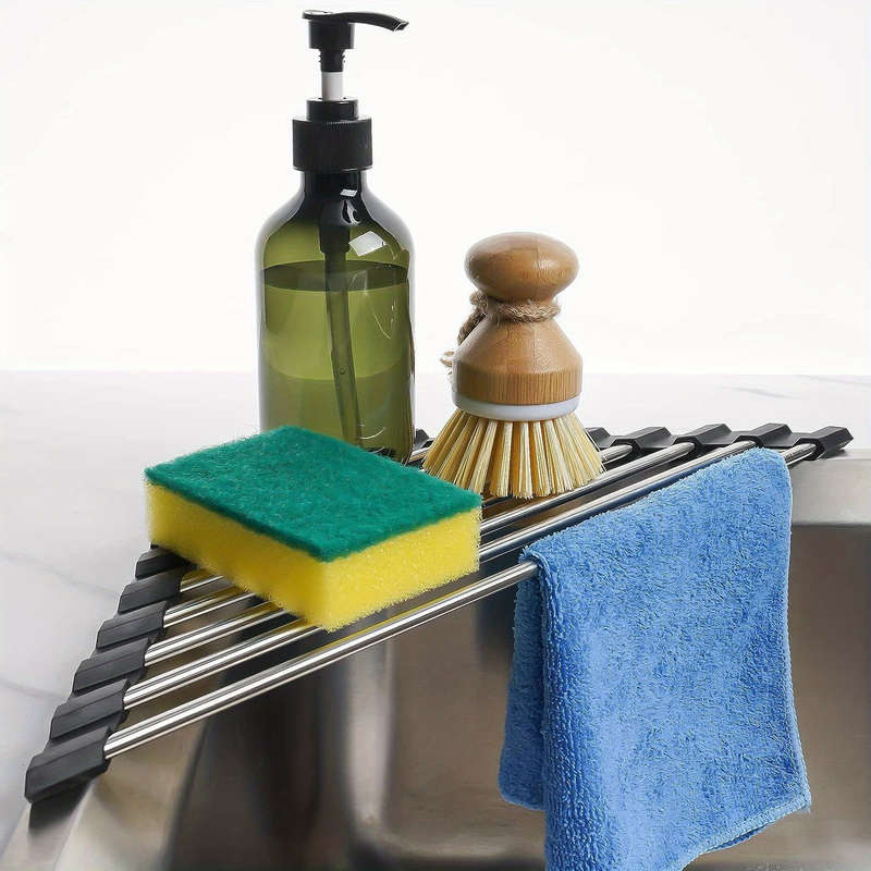 1pc Foldable Stainless Steel Triangle Roll-Up Dish Drying Rack For Small Sink Corners Over-Th