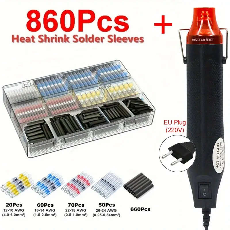 1pc Air Gun With 860pcs Solder Seal Wire Connectors With A 300W Hot Air Heat Gun