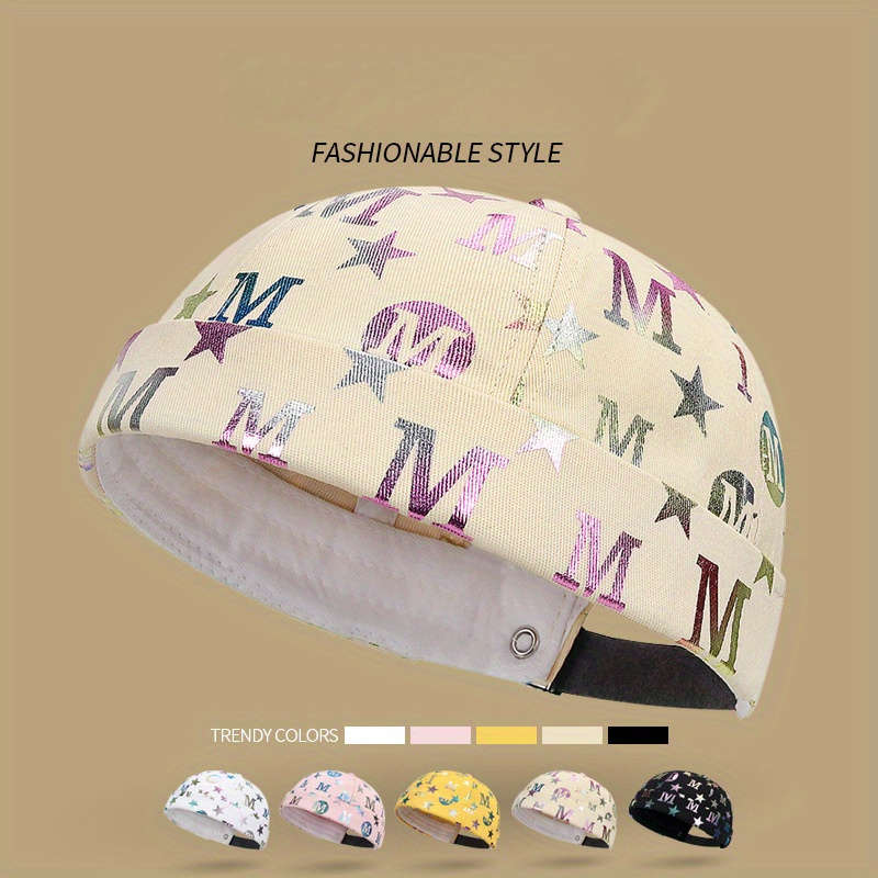 1pc Trendy Beanie Cap Unisex Bronzing Letter Star Pattern Docker Cap Embossed Golden Hip-Hop Styl