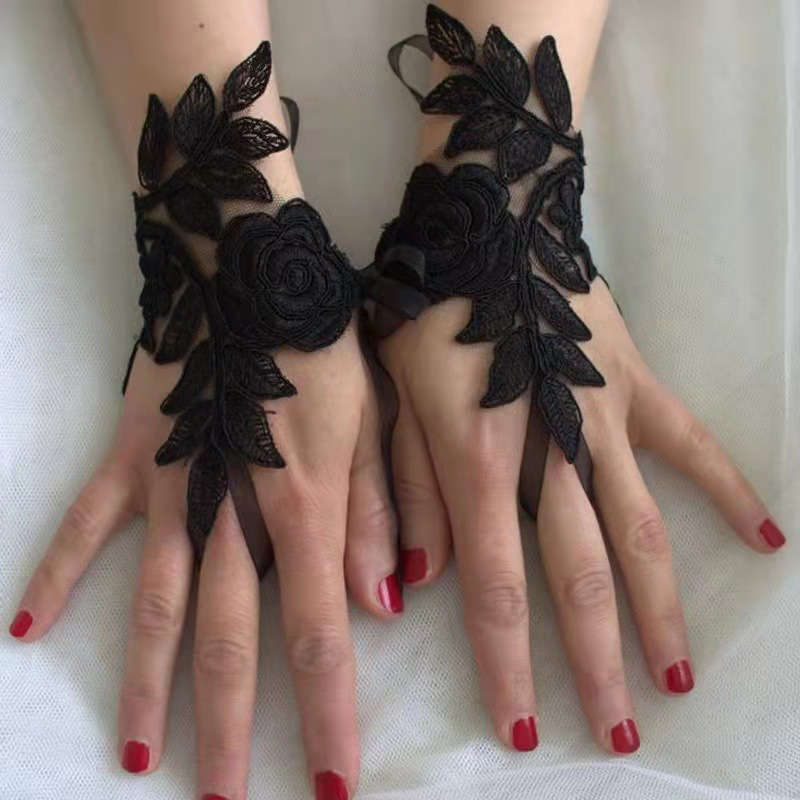 1 Pair Black Elegant Lace Bridal Gloves