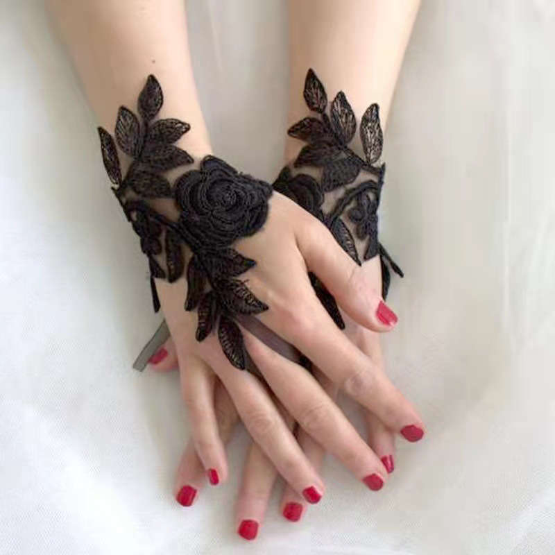 1 Pair Black Elegant Lace Bridal Gloves
