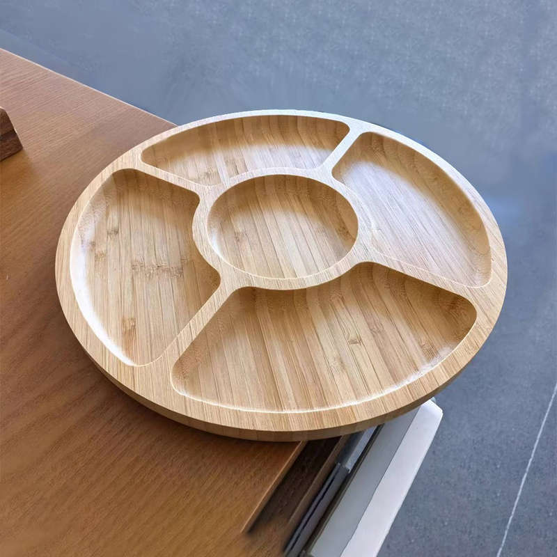 1pc Bamboo 5-Compartment Snack Tray Round Durable Natural Wood Grain Design for Fruits Sn