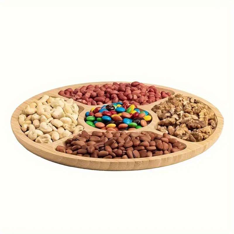 1pc Bamboo 5-Compartment Snack Tray Round Durable Natural Wood Grain Design for Fruits Sn
