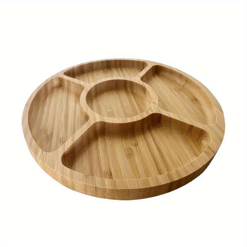 1pc Bamboo 5-Compartment Snack Tray Round Durable Natural Wood Grain Design for Fruits Sn