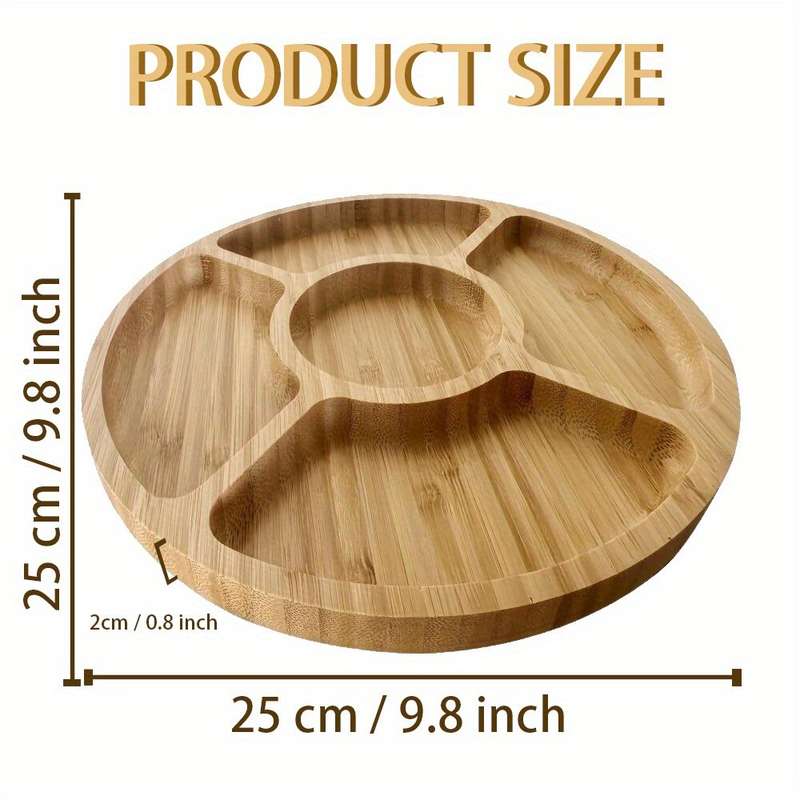 1pc Bamboo 5-Compartment Snack Tray Round Durable Natural Wood Grain Design for Fruits Sn