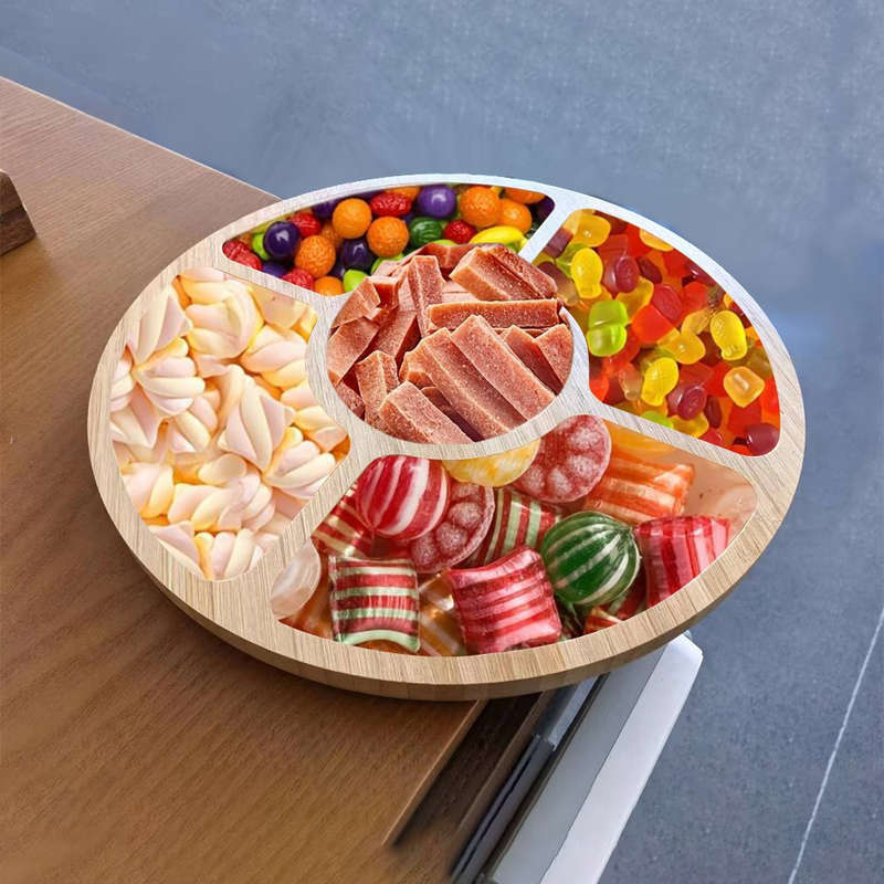 1pc Bamboo 5-Compartment Snack Tray Round Durable Natural Wood Grain Design for Fruits Sn