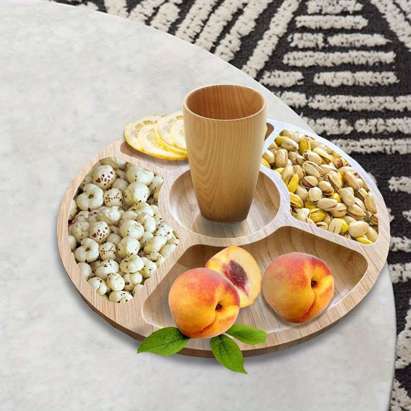 1pc Bamboo 5-Compartment Snack Tray Round Durable Natural Wood Grain Design for Fruits Sn