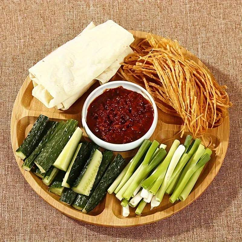 1pc Bamboo 5-Compartment Snack Tray Round Durable Natural Wood Grain Design for Fruits Sn