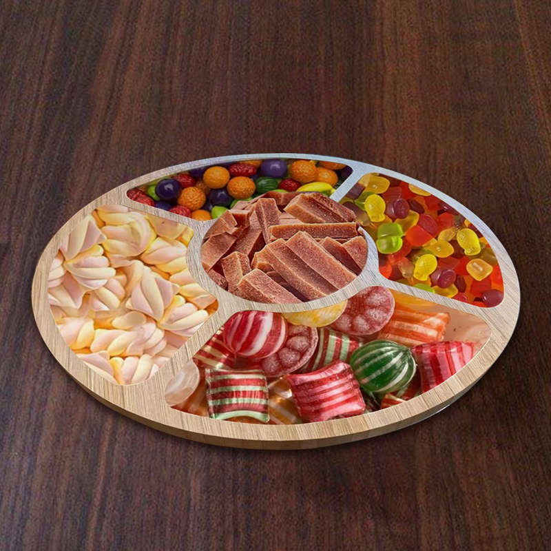 1pc Bamboo 5-Compartment Snack Tray Round Durable Natural Wood Grain Design for Fruits Sn