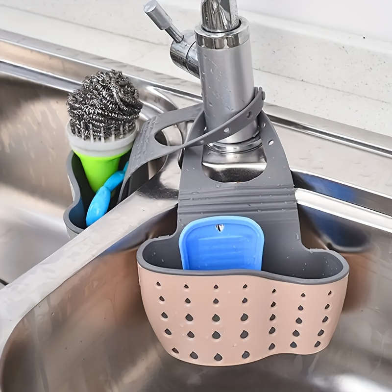 1pc Adjustable Snap-On Kitchen Sink Organizer Space-Saving Hanging Drain Basket for Sponges Brus