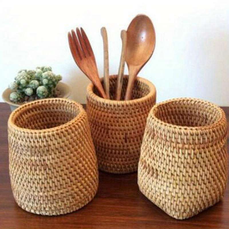 1pc Rattan Cutlery Storage Basket Lightweight Hanging Utensil Holder for Spoons Forks and K