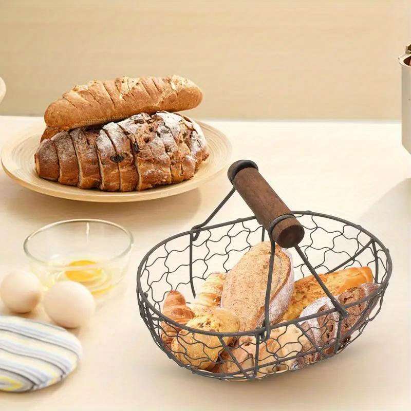1pc Rustic Farmhouse Style Egg Basket Durable Iron Wood Wire Storage for Eggs Bread Fruit an