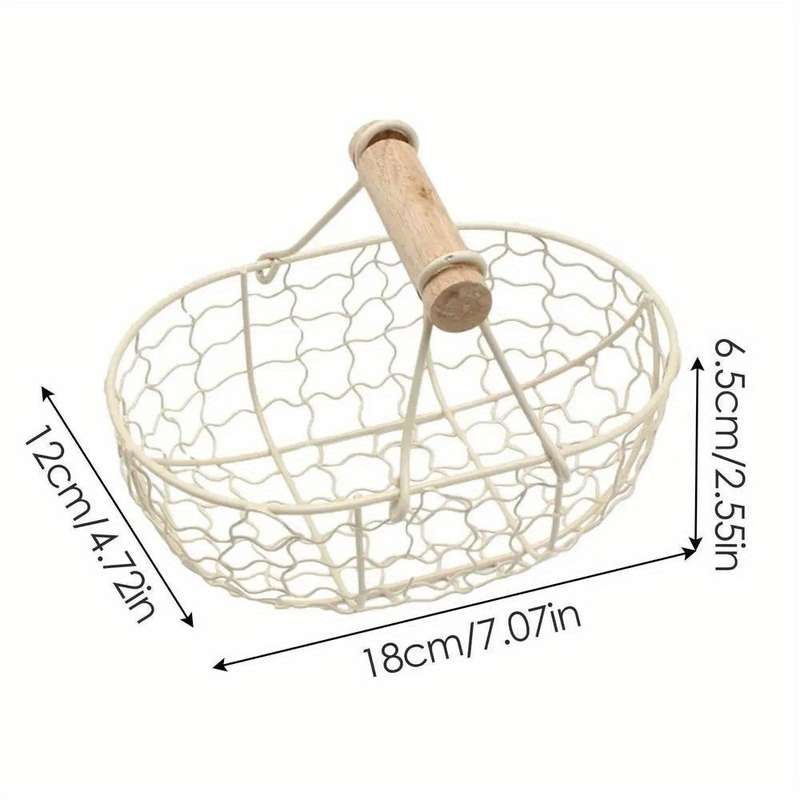 1pc Rustic Farmhouse Style Egg Basket Durable Iron Wood Wire Storage for Eggs Bread Fruit an
