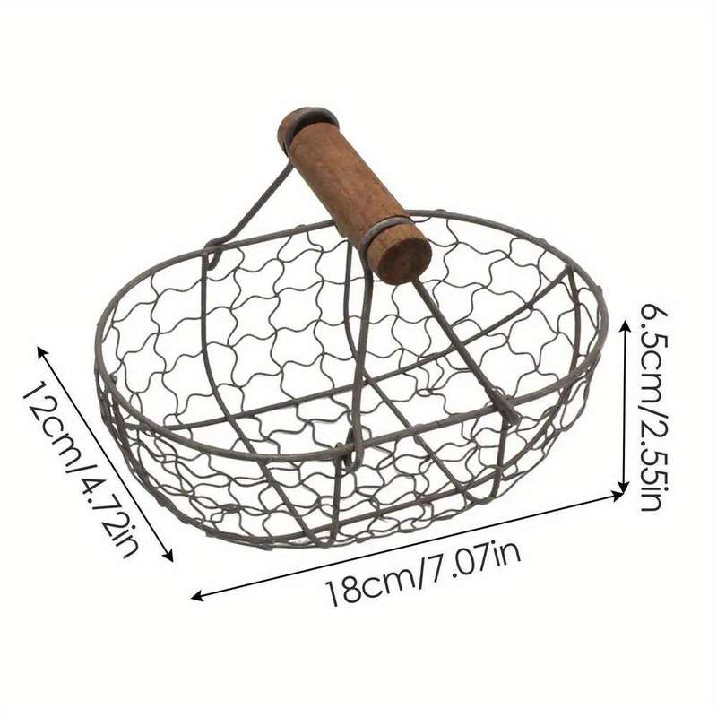 1pc Rustic Farmhouse Style Egg Basket Durable Iron Wood Wire Storage for Eggs Bread Fruit an
