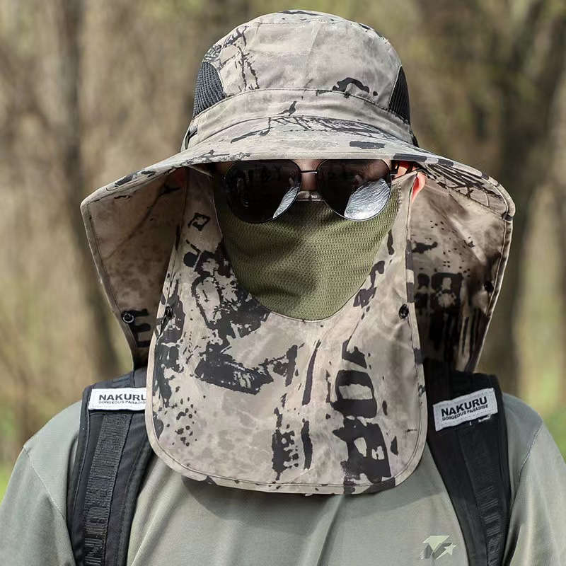 1pc Men's Camo Sun Protection Hat with Neck Flap Mask Foldable Breathable Polyester for Outdoo