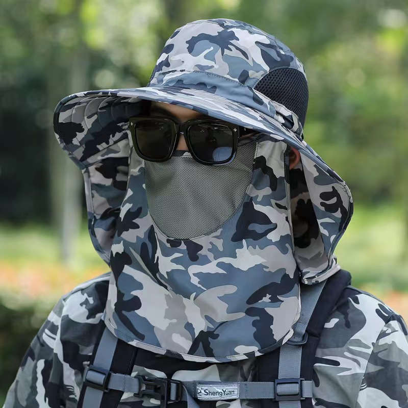 1pc Men's Camo Sun Protection Hat with Neck Flap Mask Foldable Breathable Polyester for Outdoo