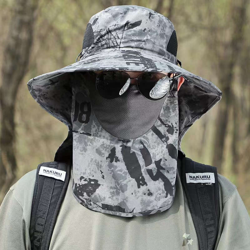 1pc Men's Camo Sun Protection Hat with Neck Flap Mask Foldable Breathable Polyester for Outdoo