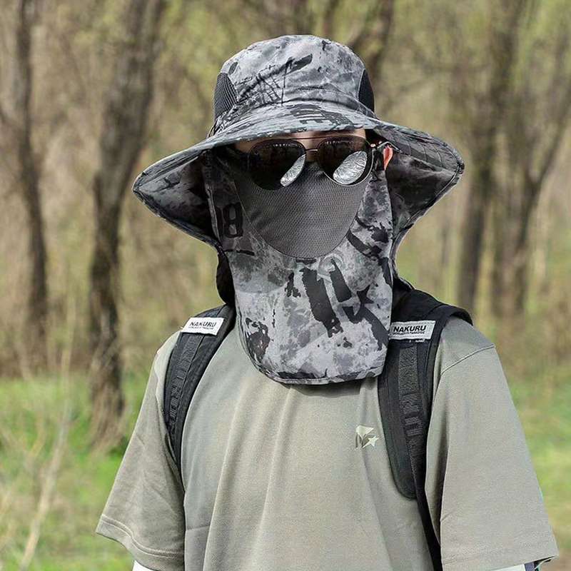 1pc Men's Camo Sun Protection Hat with Neck Flap Mask Foldable Breathable Polyester for Outdoo