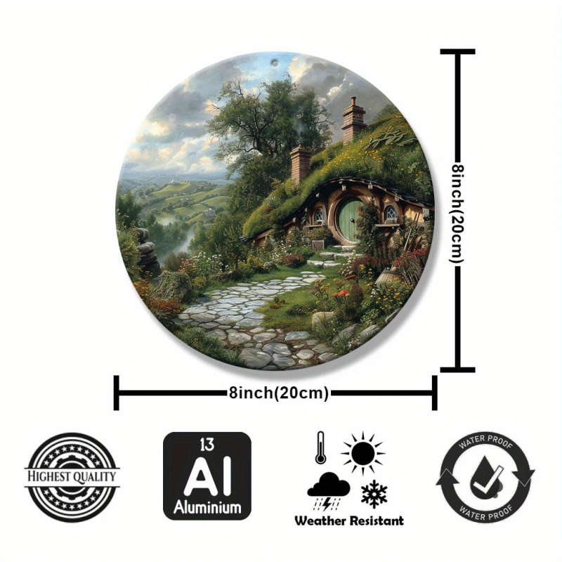 1pc Round Aluminum Wall Art Cut-Out Enchanted Hobbiton Landscape Scene Vintage-Inspired Circular Met