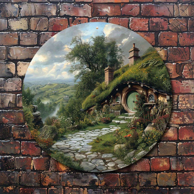 1pc Round Aluminum Wall Art Cut-Out Enchanted Hobbiton Landscape Scene Vintage-Inspired Circular Met