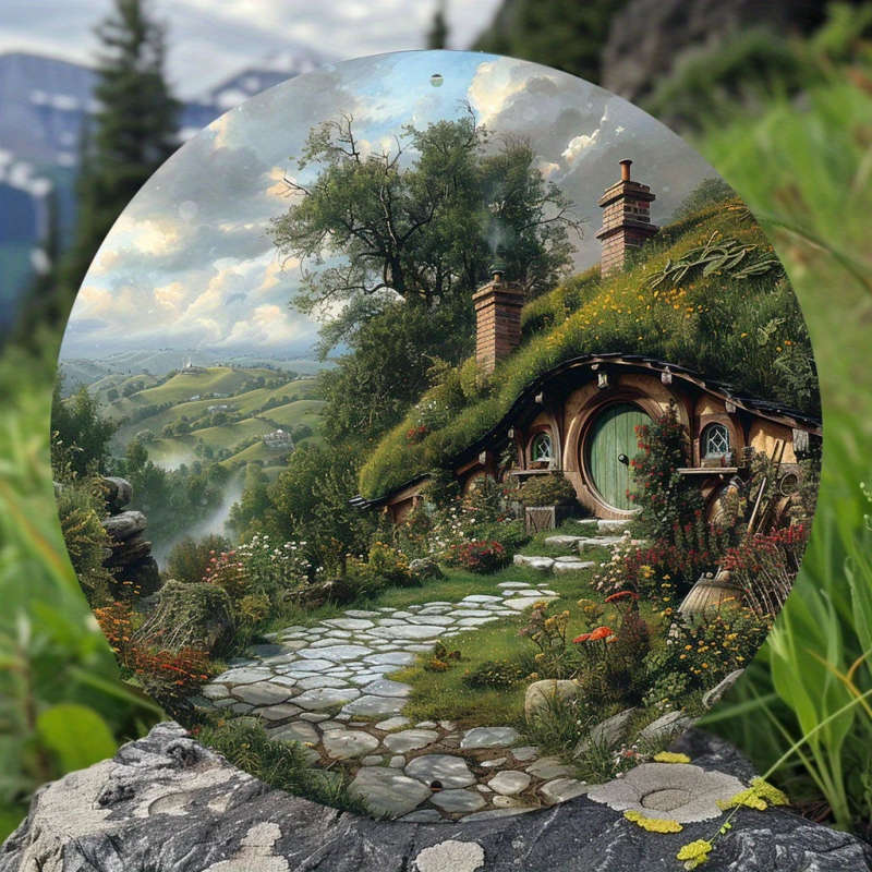 1pc Round Aluminum Wall Art Cut-Out Enchanted Hobbiton Landscape Scene Vintage-Inspired Circular Met