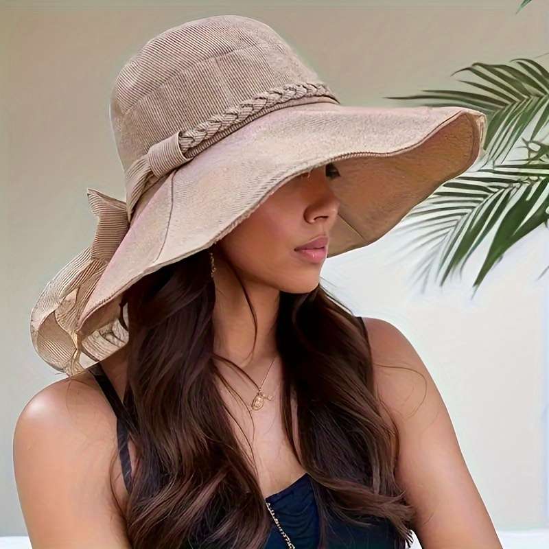 1pc Versatile Sunshade Large Brim Hat Women's Bowknot Braided Decorative Caps Outdoor Travel Wide