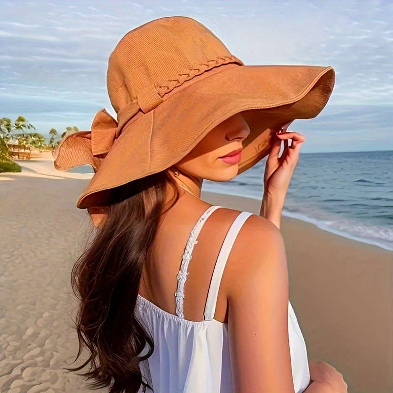 1pc Versatile Sunshade Large Brim Hat Women's Bowknot Braided Decorative Caps Outdoor Travel Wide