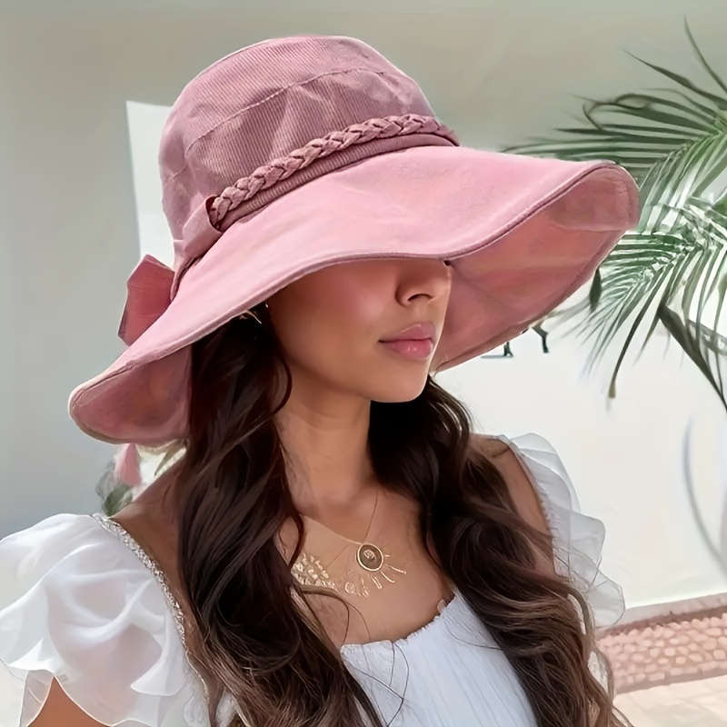 1pc Versatile Sunshade Large Brim Hat Women's Bowknot Braided Decorative Caps Outdoor Travel Wide