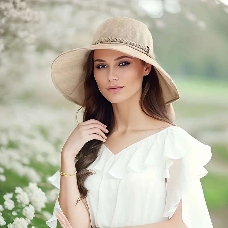 1pc Versatile Sunshade Large Brim Hat Women's Bowknot Braided Decorative Caps Outdoor Travel Wide