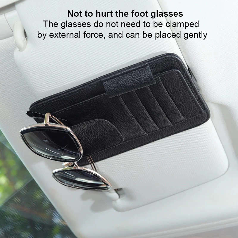 1pc PU Leather Car Visor Organizer with Card Holder and Glasses Pouch Magic Tape Attachment Vehicle
