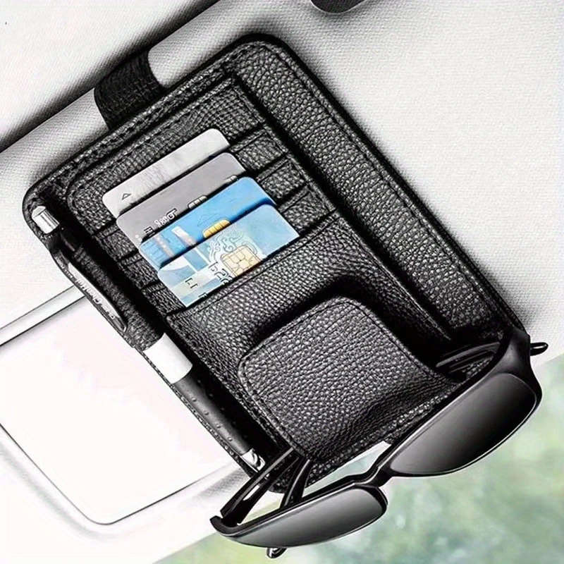 1pc PU Leather Car Visor Organizer with Card Holder and Glasses Pouch Magic Tape Attachment Vehicle