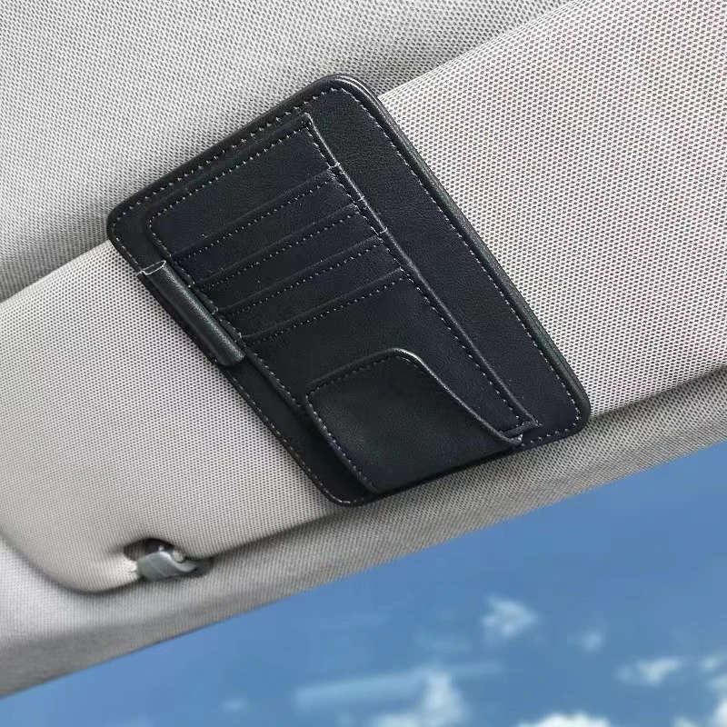 1pc PU Leather Car Visor Organizer with Card Holder and Glasses Pouch Magic Tape Attachment Vehicle
