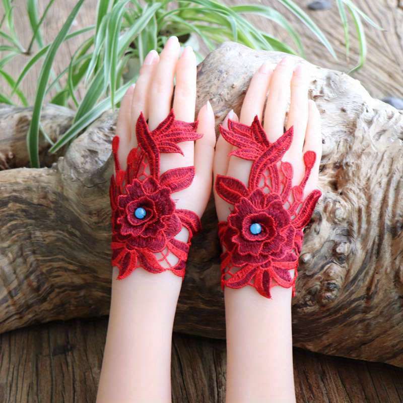 1 Pair Rose Red Floral Lace Fingerless Gloves