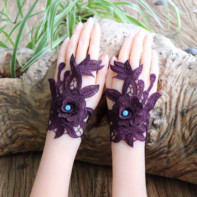 1 Pair Rose Red Floral Lace Fingerless Gloves
