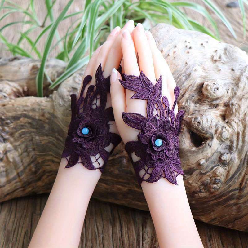 1 Pair Rose Red Floral Lace Fingerless Gloves