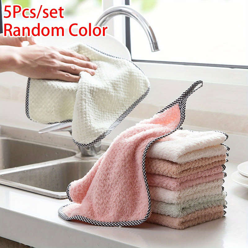 5pcs Thickened Coral Velvet Dish Towels Soft Absorbent Towels For Kitchen Bathroom Car Win
