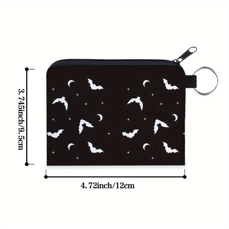 1pc Women'S Polyester Portable Coin Purse with Black Bat Pattern Multi-Functional Key Card Holder