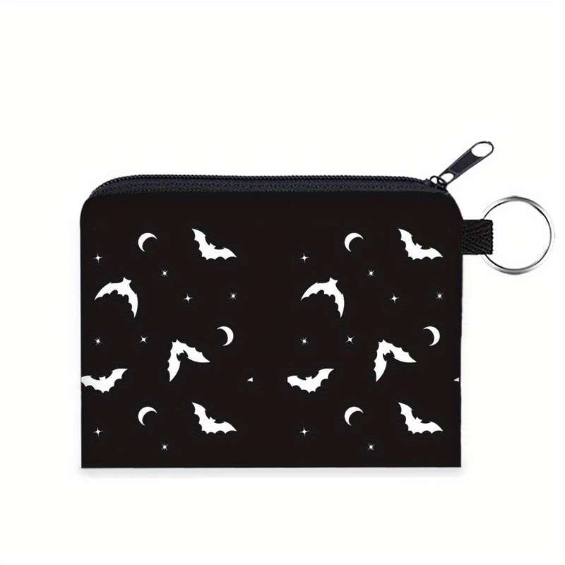 1pc Women'S Polyester Portable Coin Purse with Black Bat Pattern Multi-Functional Key Card Holder