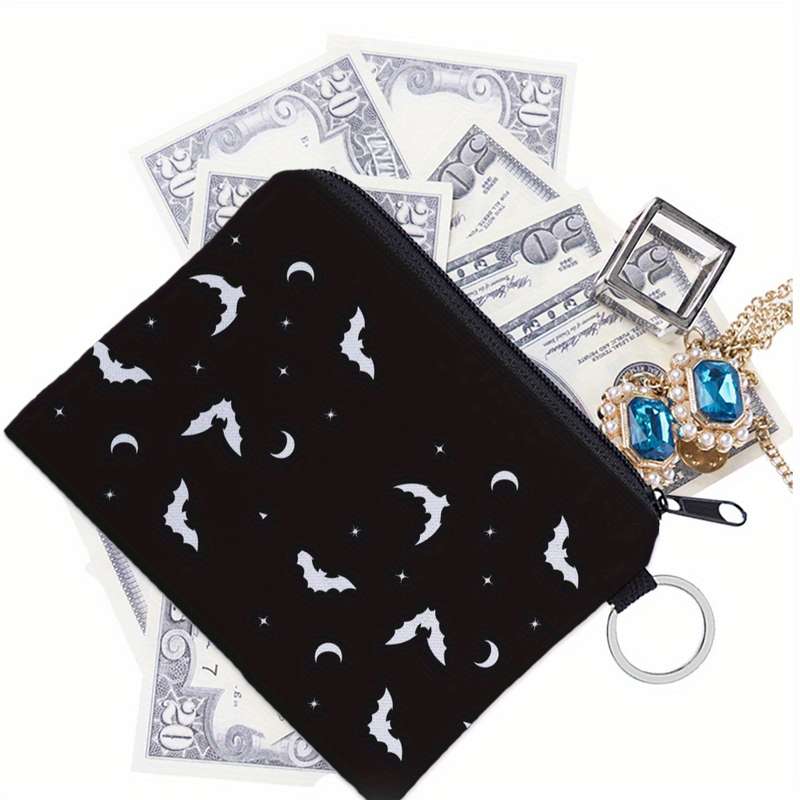 1pc Women'S Polyester Portable Coin Purse with Black Bat Pattern Multi-Functional Key Card Holder