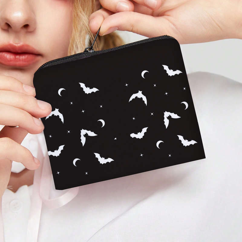 1pc Women'S Polyester Portable Coin Purse with Black Bat Pattern Multi-Functional Key Card Holder