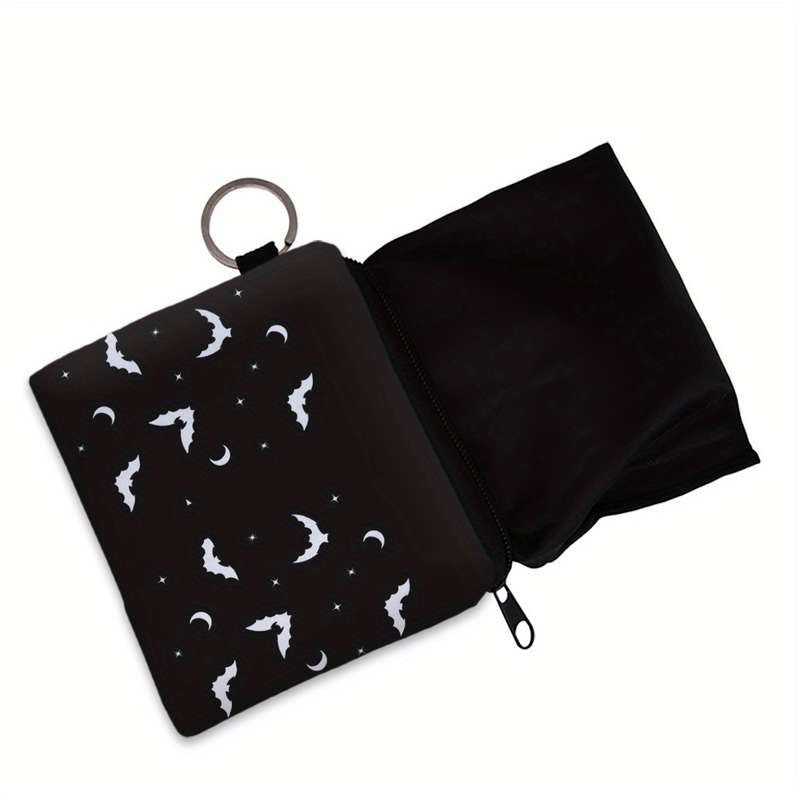 1pc Women'S Polyester Portable Coin Purse with Black Bat Pattern Multi-Functional Key Card Holder