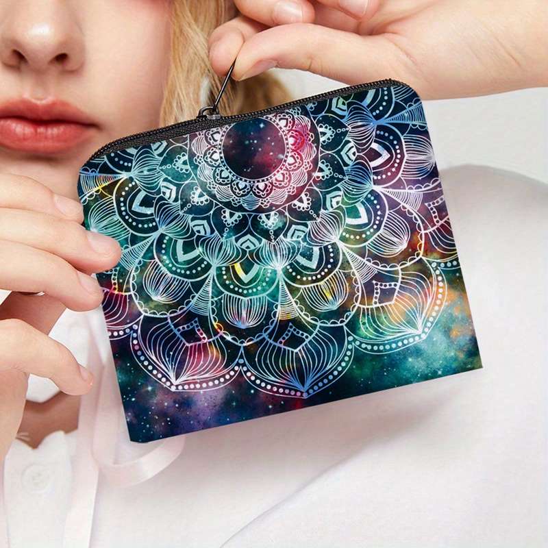 1pc Women'S Polyester Mandala Starry Sky Print Portable Coin Purse Digital Printed Key Card Holder
