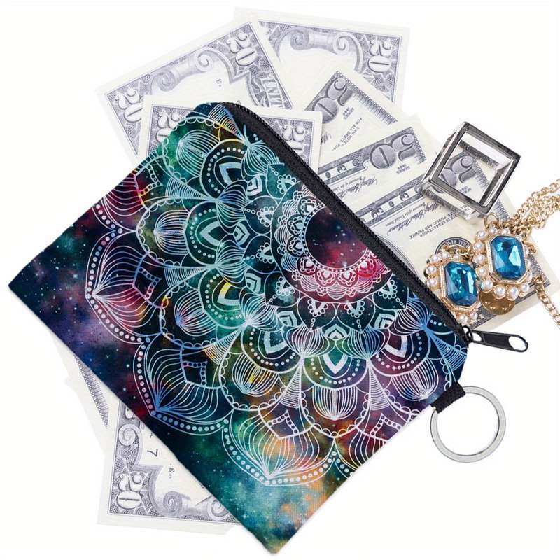 1pc Women'S Polyester Mandala Starry Sky Print Portable Coin Purse Digital Printed Key Card Holder