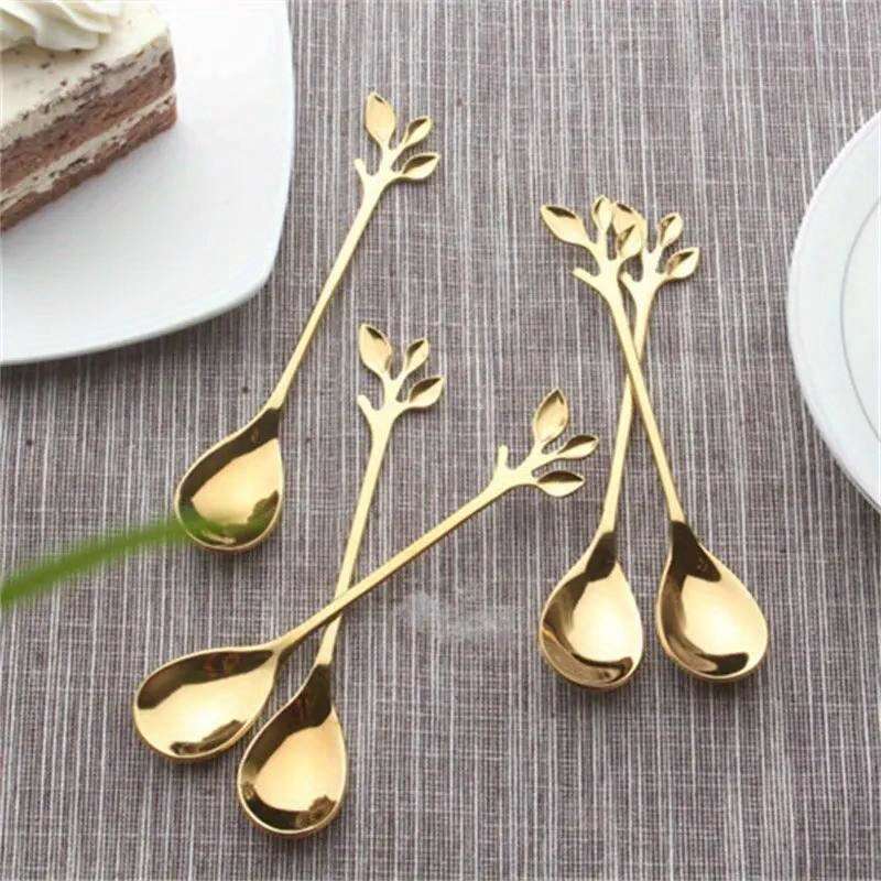 6pcs Creative Personality Stainless Steel Gold Spoons Tree Leaf Spoon Coffee Spoon Tea Spoon Ho
